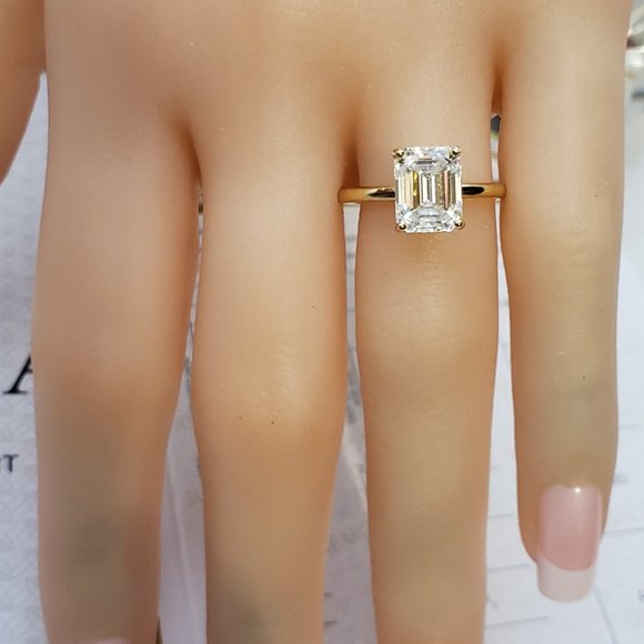 14K Yellow Gold 3 Carats Emerald Cut Moissanite Engagement Ring - Picture 7 of 14